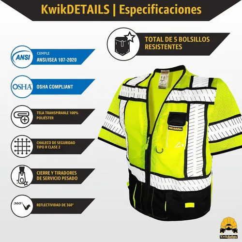 Vista 5 de KwikSafety - Chaleco de seguridad SHERIFF & SPECIALIST [Bolsillos de uso múltiple] Chaleco reflectante Clase 2 ANSI OSHA para hombres Negro (mangas)