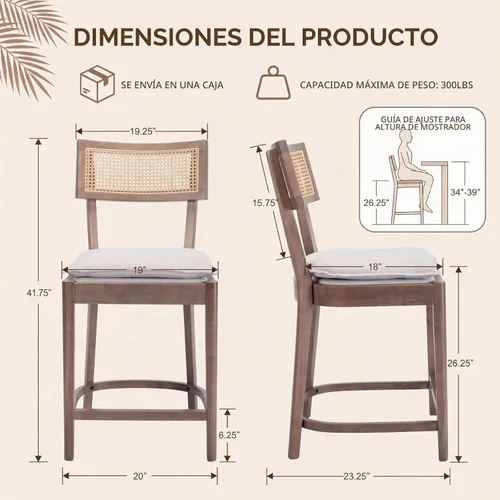 Vista 2 de Juego de 2 taburetes de bar de ratán de 26 pulgadas de madera Beige