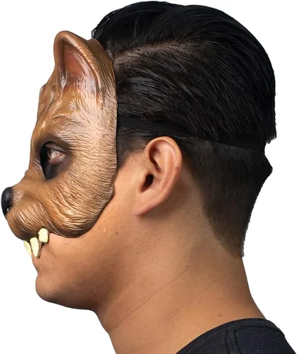 Vista 3 de Ghoulish Productions Máscara de hombre lobo. Máscara de lobo marrón. Máscara de lobo de media cara. Línea de máscaras JR. Máscara de látex