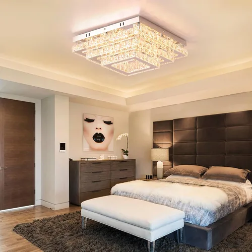 Vista 7 de Finktonglan Accesorio de Lámpara de Techo LED de Cristal Cuadrada Moderna, Candelabro de Cristal Regulable de 15" Luces de Techo de 3 Niveles