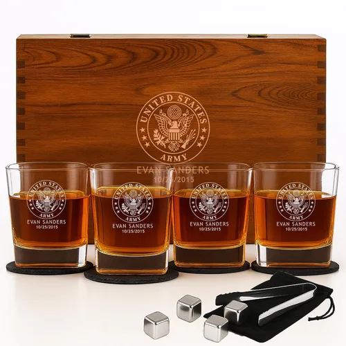 Vista 11 de Juegos Personalizados Militares - Decantador Grabado Personalizado y 4 Vasos de Scotch - Ejército, Marina, Fuerza Aérea, Guardia Costera - Servicio