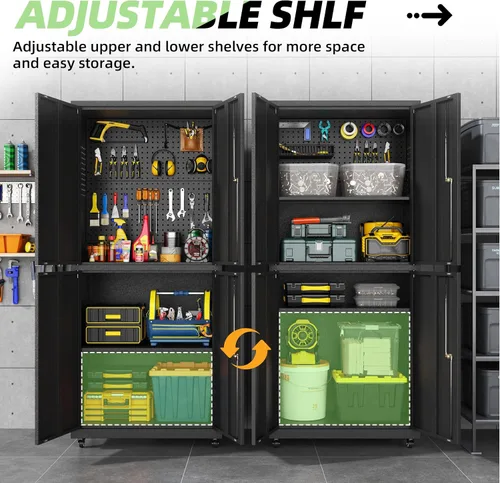 Vista 5 de Metal Garage Cabinet with 4 Wheels,4 Door Black Metal Storage with Lock,71" H Tool Storage Cabinets with Adjustable Shelves for Utility Negro