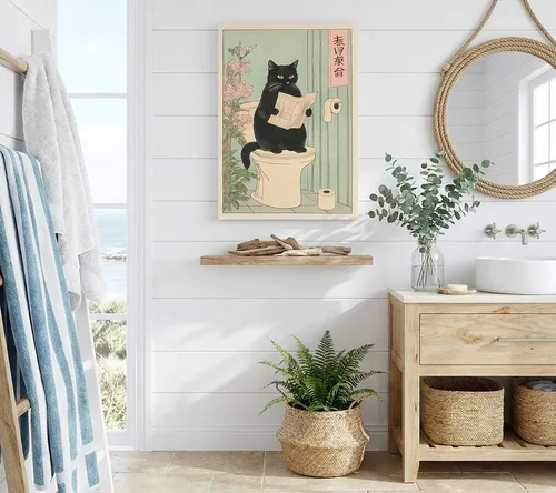 Vista 5 de COYIKC Arte de pared en lienzo de gato negro japonés en el inodoro, impresión divertida de baño, póster de inodoro, cuadros de decoración de pared