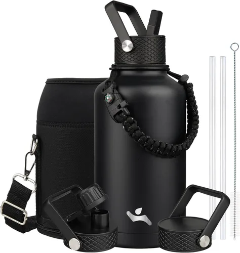 Vista 97 de Konokyo - Botella de agua aislada de 18 onzas, botellas deportivas de acero inoxidable con 3 tapas, verde militar