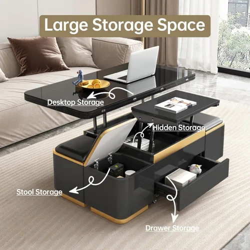 Vista 5 de Guyii Mesa de centro elevable con taburetes de almacenamiento, mesa central multifuncional negra con cajones, moderna mesa de comedor extensible