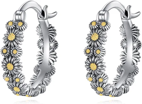 Vista 7 de POPLYKE Aretes de plata de ley con diseño de flores, pequeños aretes tipo huggie, regalo de joyería para mujer A-Daisy