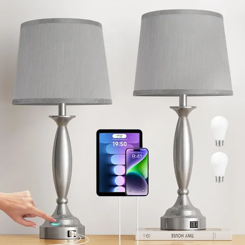 Vista 15 de Juego de 2 lámparas grises para dormitorio, lámpara de noche con control táctil con USB C+A, lámparas de mesita de noche regulables de 3 vías