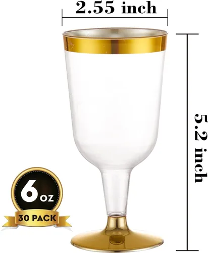 Vista 8 de N9R 30 copas de vino de plástico desechables, copas de borde dorado de 6 onzas con tallo Tazas doradas para tostar, copas de champán, resistentes