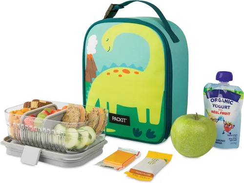 Vista 5 de PackIt® Lonchera Congelable Playtime, Dinosaurio, Construida con Tecnología ECOFREEZE®, Plegable, Reutilizable, Cierre con Cremallera con Asa