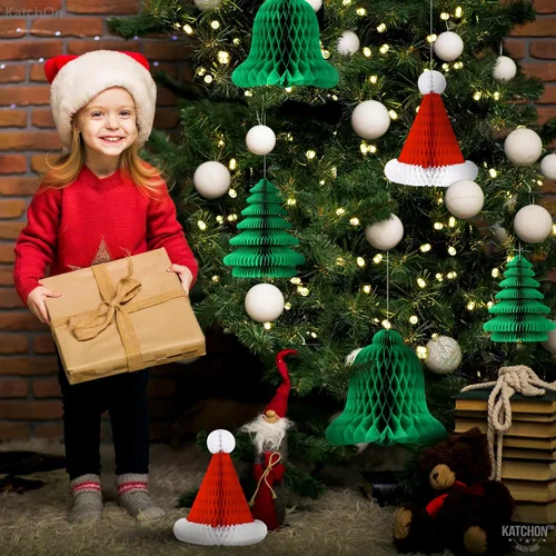 Vista 5 de KatchOn Decoraciones navideñas de panal, paquete de 6 Sombrero de Navidad y árbol de abeja