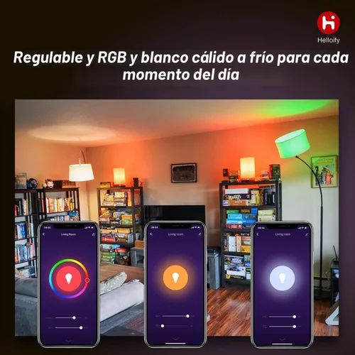 Vista 5 de Helloify Bombilla LED inteligente A19, WiFi compatible con Alexa Google Home, cambio de color RGBCW, blanco cálido frío, regulable, no requiere
