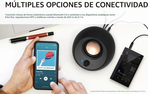 Vista 5 de Creative Pebble V3, altavoces de escritorio USB-C 2.0, Bluetooth 5.0, color negro Bluetooth 5.0, USB-C, altavoz 2.0, diálogo claro, 8W RMS