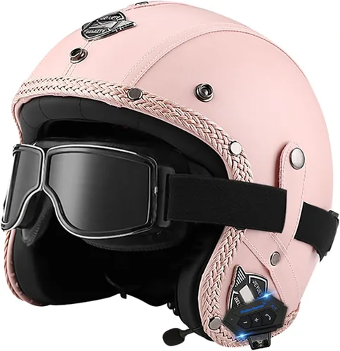 Vista 11 de Casco retro de motocicleta con Bluetooth, casco de cuero Jet con gafas personalizadas, medio casco de motocicleta 3/4 aprobado por DOT, casco