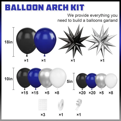 Vista 2 de Kit de arco de globos azul marino y negro, guirnalda de globos con globos de papel de aluminio metálico plateado blanco oscuro globos de látex