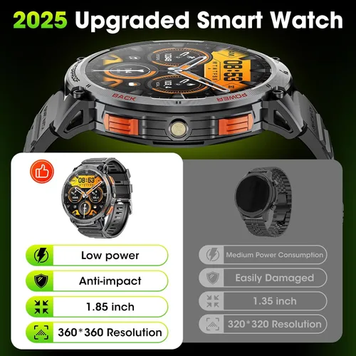 Vista 4 de Military Smart Watches for Men, 1.85" HD Large Screen Smart Watch, Flashlight/730mAh/110+ Sports Modes Fitness Tracker Watch, Waterproof Mens Smart