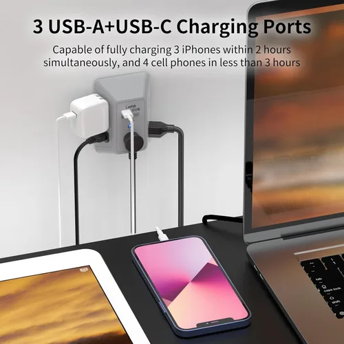 Vista 9 de Extensor de tomacorriente, protector de sobretensiones con 5 enchufes múltiples y 4 puertos USB (2 USB C), cargador de pared de regleta