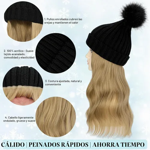 Vista 5 de Gorro de peluca con extensiones de cabello largo ondulado – Gorro de punto acanalado con pompón unido 14 pulgadas rizado sintético postizo
