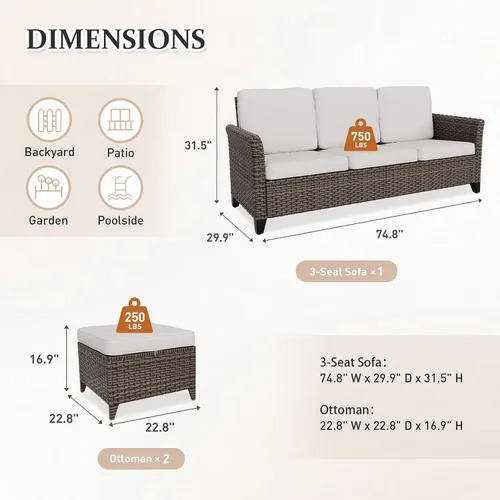 Vista 3 de Canyon Ridge - Sofá de mimbre para patio con 2 otomanas, muebles de balcón pequeños, juego de muebles de exterior, sofá de 3 asientos, marrón/beige