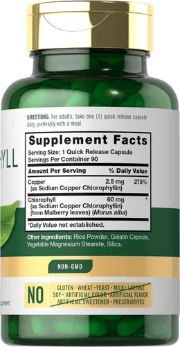Vista 2 de Carlyle Cápsulas de clorofila 60 mg 90 píldoras complejas con cobre Suplemento sin OMG y sin gluten