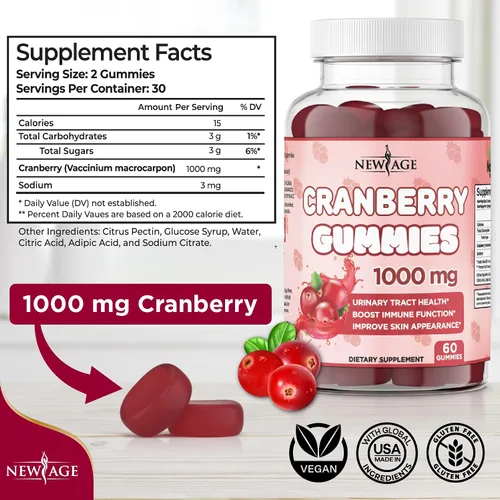 Vista 2 de NEW AGE Gomitas de arándano para la salud del tracto urinario, 1000 mg - Apoya la vejiga, los riñones, las infecciones urinarias