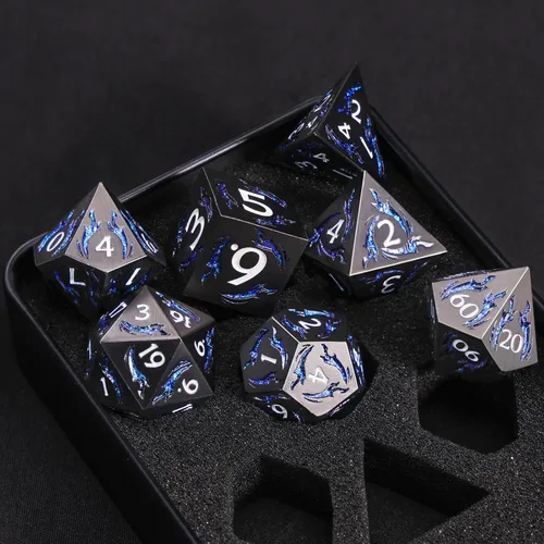 Vista 3 de Juego de dados de metal, 7 piezas de dados metálicos DND, dados poliédricos D&D con caja de metal de regalo para juego de mesa de Calabozos