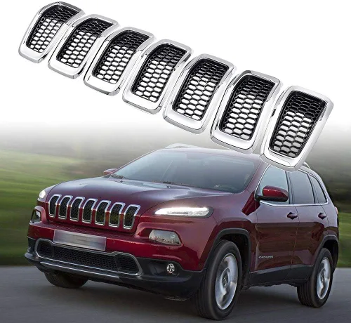 Vista 8 de Kit de 7 piezas de cubierta de rejilla de anillo de malla cromada negra compatible con Jeep Cherokee 2014-2018 2015 2016 2017