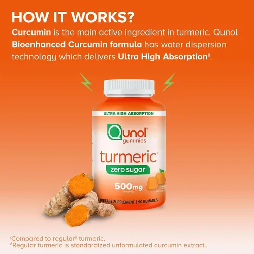Vista 4 de Qunol - Gomitas de cúrcuma sin azúcar, 500 mg, goma de ultra alta absorción, 90 unidades Gluten Free Supplement that Supports Joint Health and a