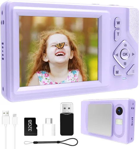 Vista 8 de Cámara digital para niños, adolescentes y principiantes - 1080P FHD 48MP, LCD de 2.83 pulgadas, zoom digital 18X y antivibración, tarjeta SD de 32