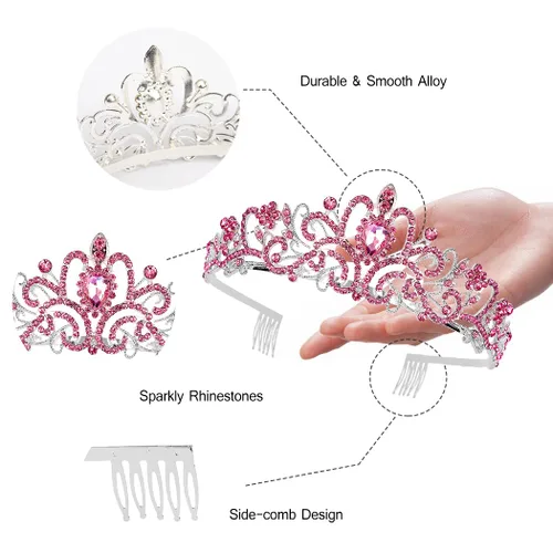 Vista 3 de CURASA Tiara de cristal rosa para mujer, corona de princesa, corona de cumpleaños, diadema de boda, accesorios para el cabello para disfraz