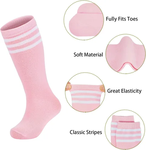 Vista 2 de Zando Calcetines de fútbol para niños y niñas, calcetines de tubo a rayas hasta la rodilla, calcetines de uniforme escolar, calcetines largos