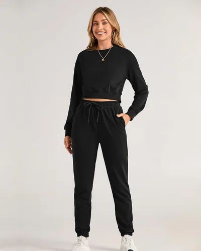 Vista 62 de BTFBM Conjunto deportivo de 2 piezas para mujer, camiseta corta de manga larga, sin botones, pantalón con cordón ajustable, pantalones deportivos