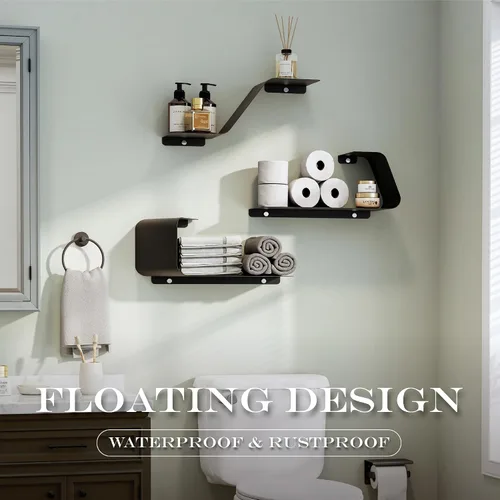 Vista 5 de Sttoraboks Estantes flotantes, juego de 3 estantes de metal montados en la pared con diseño único para almacenamiento en la pared, estante