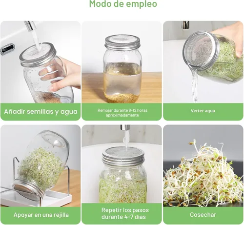 Vista 4 de Kit de tarros de germinación de semillas – 2 tarros de masón de boca ancha con tapas de germinación de acero inoxidable 316, bandeja de goteo