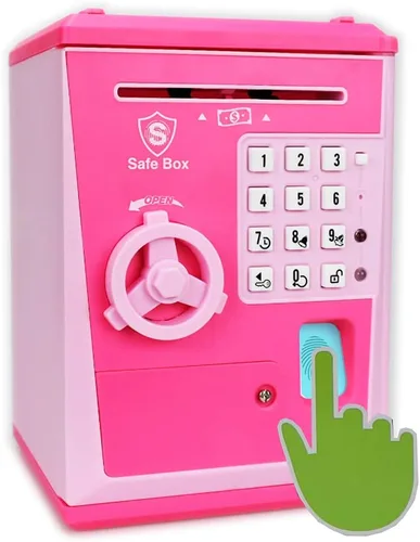 Vista 7 de Caja de ahorro segura para niños con contraseña por huella dactilar, alcancía parlante con diseño de cajero automático para dinero real, juguete