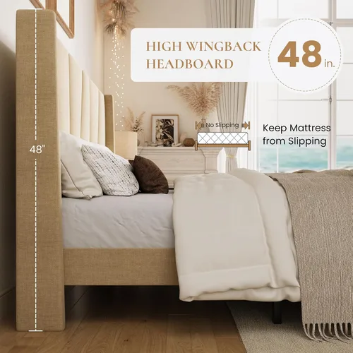 Vista 5 de SHA CERLIN Base de cama tamaño Queen con cabecera geométrica con respaldo de ala, plataforma tapizada con soporte de listones de madera, espacio
