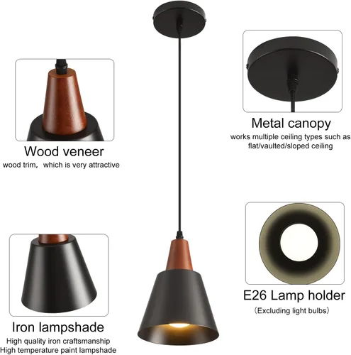 Vista 5 de Paquete de 2 luces colgantes, luces colgantes negras para isla de cocina, cúpula de madera, luces colgantes industriales minimalistas para isla