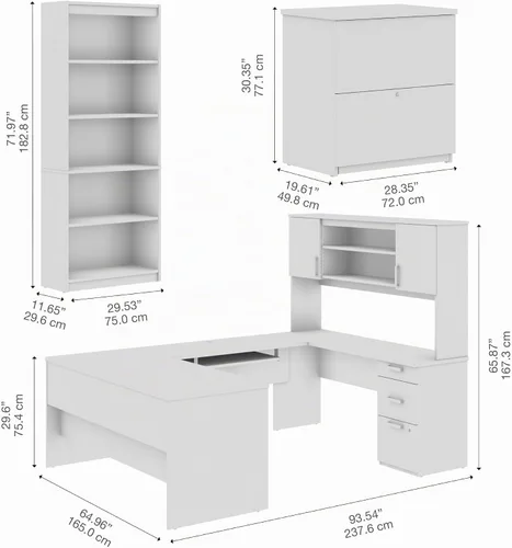Vista 9 de Bestar, Colección Ridgeley, juego de 3 piezas que incluye un escritorio en forma de U con gabinete, un archivador lateral y una estantería