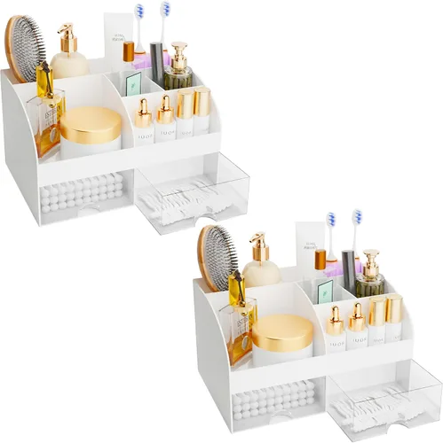 Vista 12 de Organizador de maquillaje con cajones, almacenamiento de cosméticos para tocador y encimera de baño, soporte de belleza para lápiz labial y brochas