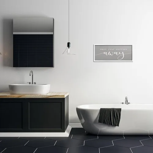 Vista 3 de Stupell Industries Lava tus preocupaciones Frase Relajación en el baño, diseñado por Daphne Polselli - Arte de pared enmarcado en blanco, 10 x 24