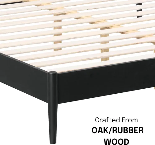 Vista 3 de Lupin - Base de cama de madera con cabecero, base de madera de roble macizo y goma con listones silenciosos y soportes centrales de madera, Negro