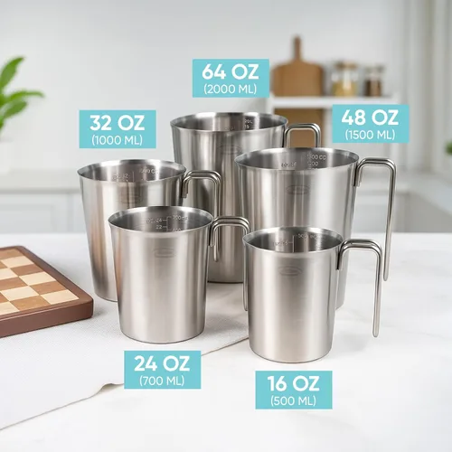 Vista 6 de Newness Juego de 2 tazas medidoras de acero inoxidable (3 marcas, incluye escala de taza/ml/onza) (2 y 3 tazas) taza medidora de metal con asa