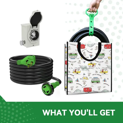 Vista 6 de Caja de entrada de generador pretaladrada de 30 amperios y cable de extensión RV de 30 amperios de 15 pies, kit combinado impermeable, cable