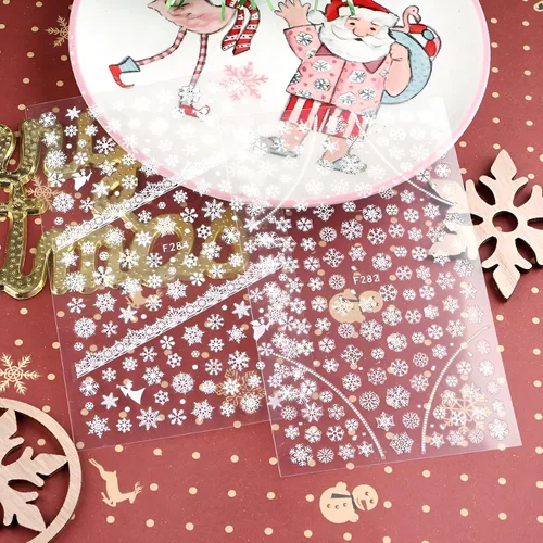 Vista 3 de 8 hojas de calcomanías de arte de uñas de copo de nieve, color blanco y dorado, calcomanías de uñas de Navidad autoadhesivas 3D, calcomanías de uñas