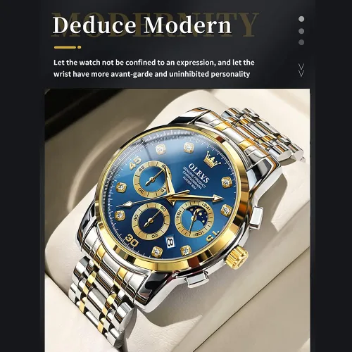 Vista 6 de Taxau Mens Watch Silver Gold Stainless Steel Watches for Men with Day Date Moon Phase Diamond Waterproof Analog Dress Men's Chronograph Wrist