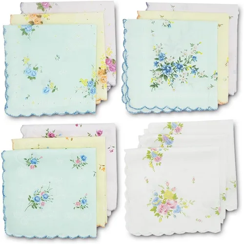 Vista 2 de GB - Pañuelos 100 algodón para mujer surtidos con borde ondulado y estampado floral 12 piezas