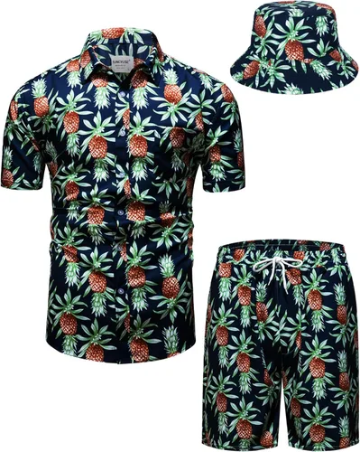 Vista 136 de TUNEVUSE Conjunto de camisas y pantalones cortos hawaianos para hombre, 2 piezas, trajes de playa con estampado de flores, traje tropical de verano