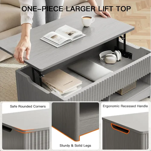 Vista 4 de Amada - Mesa de centro elevable con almacenamiento, mesa central moderna con compartimento oculto, mesas de centro rectangulares para sala de estar