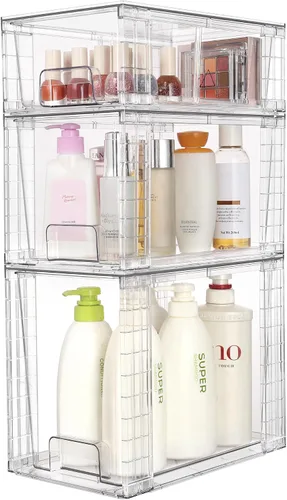 Vista 4 de Vtopmart Paquete de 3 cajones de almacenamiento apilables transparentes, organizadores de baño fáciles de montar y almacenamiento con asas, cajones