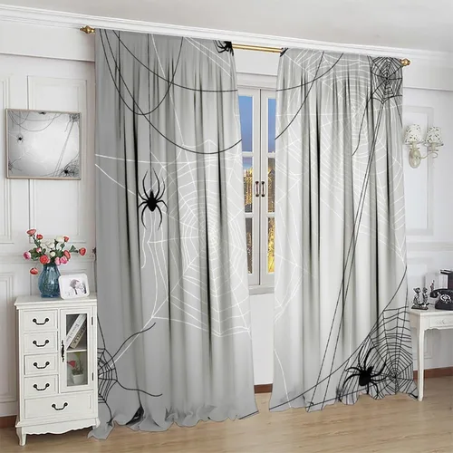 Vista 4 de JESTRONRY Cortinas de telaraña, telaraña espeluznante de Halloween, gótico, naranja, aterrador, tratamiento de ventana, cortinas opacas