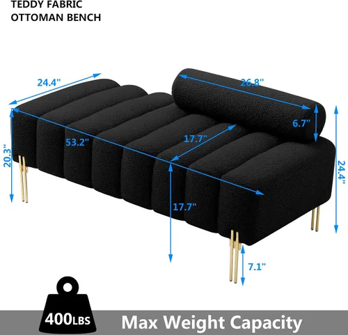 Vista 2 de Setawix Banco otomano de tela de peluche, extremo de la cama, canal, copetudo, para dormitorio, ventana, bancos de entrada, rectangular, de sherpa